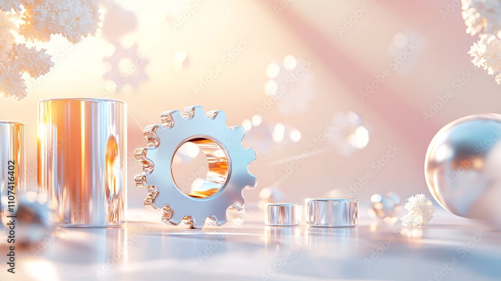 Poster material science with polymers and compounds concept. metallic gear and shapes in soft lighting back