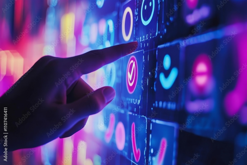 Poster close-up view of a person's hand interacting with colorful digital icons on a futuristic touchscreen