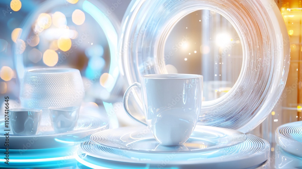 Poster material science with manufacturing concept. modern tableware in futuristic glow setting