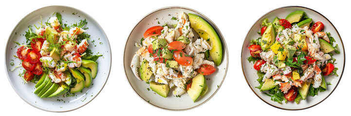 Set of A Crab Salad with Avocado on a top view white cab on a transparent background