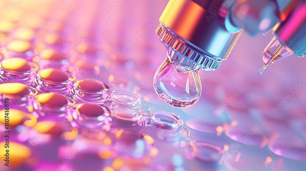 Poster material science with polymers and compounds concept. colorful droplets on reflective surface in clo