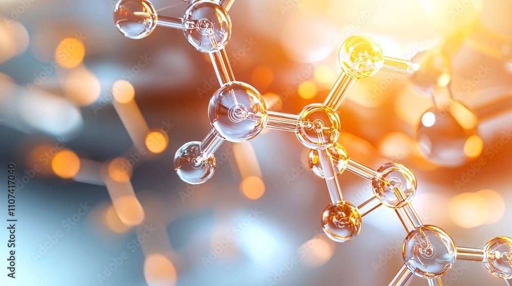 Poster material science with polymers and compounds concept. abstract molecular structure with light reflec