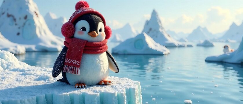 Cute Penguin in Red Earmuffs on Iceberg - Winter Wonderland AI Art