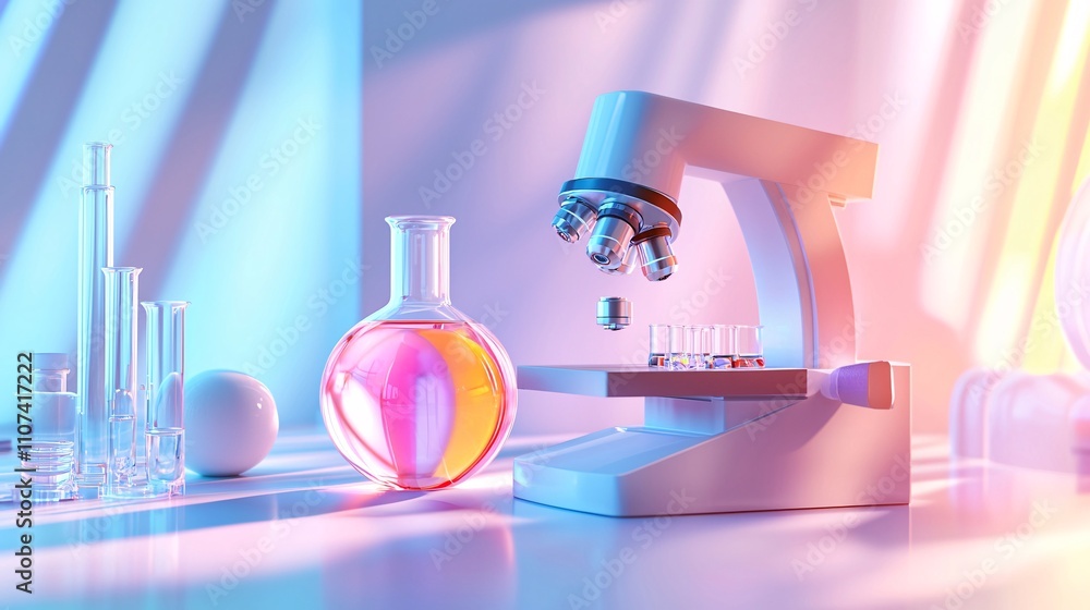 Poster material science with polymers and compounds concept. modern laboratory setup with bright colorful e