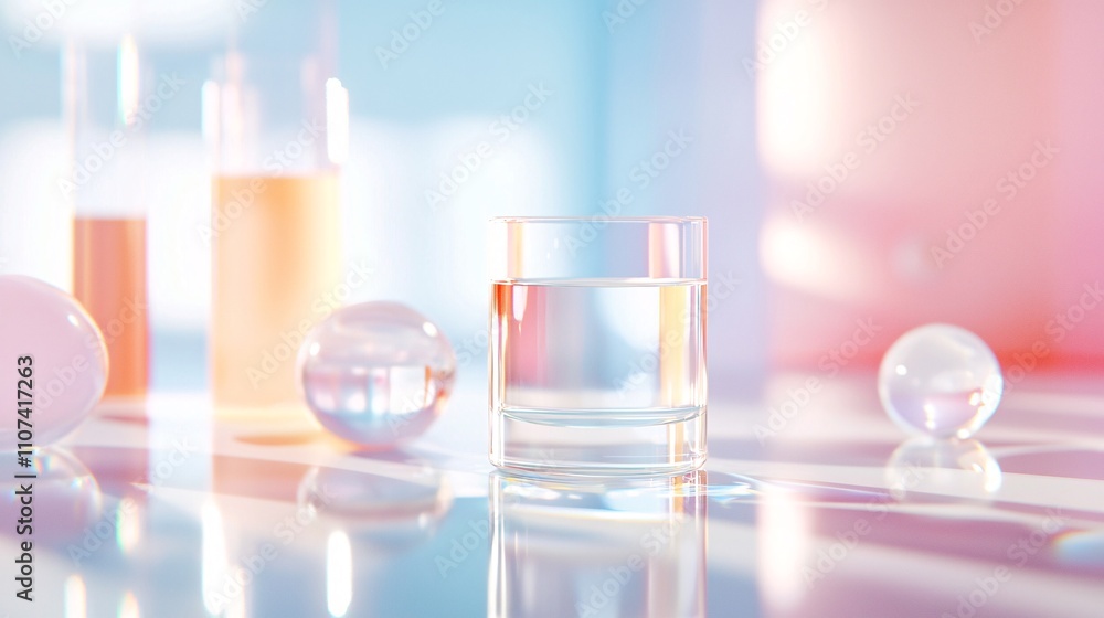 Poster material science with polymers and compounds concept. glass with liquid surrounded by laboratory equ