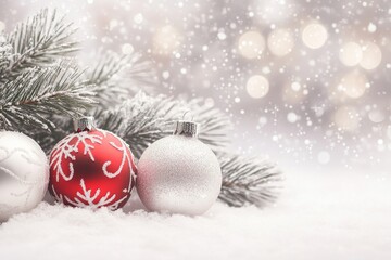 Christmas decorations hang from a tree in the snow