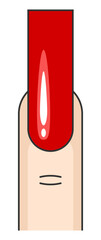 Illustration of a finger with a long red nail. Manicure with long square nail shape