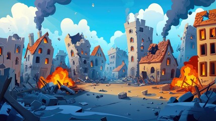Obraz premium A Destroyed Medieval Town with Burning Buildings and Smoke in the Sky