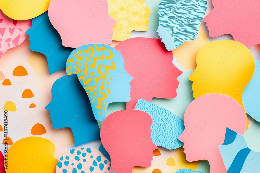 Poster colorful paper cutouts of human profiles with abstract patterns placed on a bright background creati