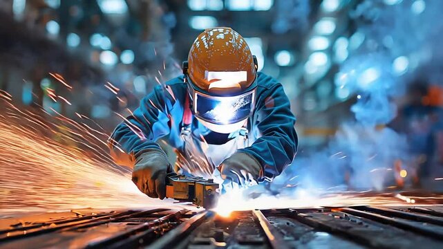 Heavy industry engineering factory interior with industrial worker using angle grinder and cutting a metal plate.