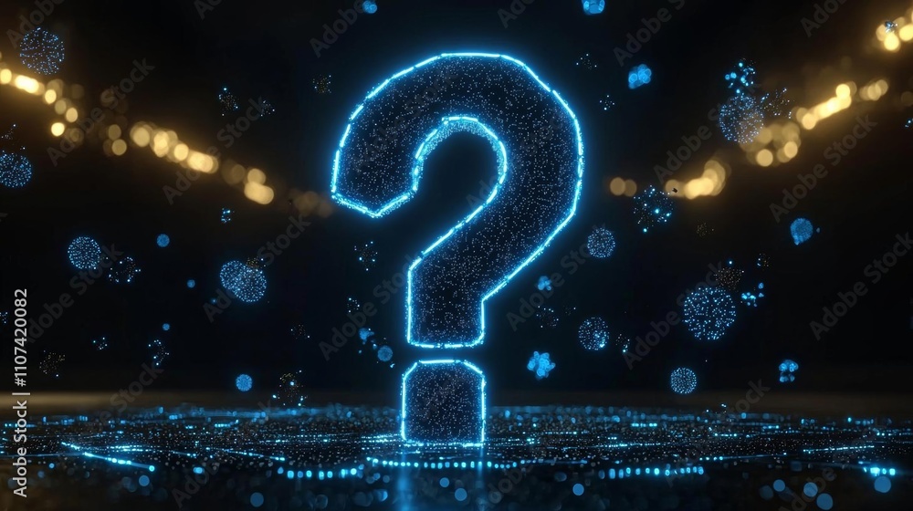 Fototapete question mark problem sign with particles flying in the background. digital computer illustration , 