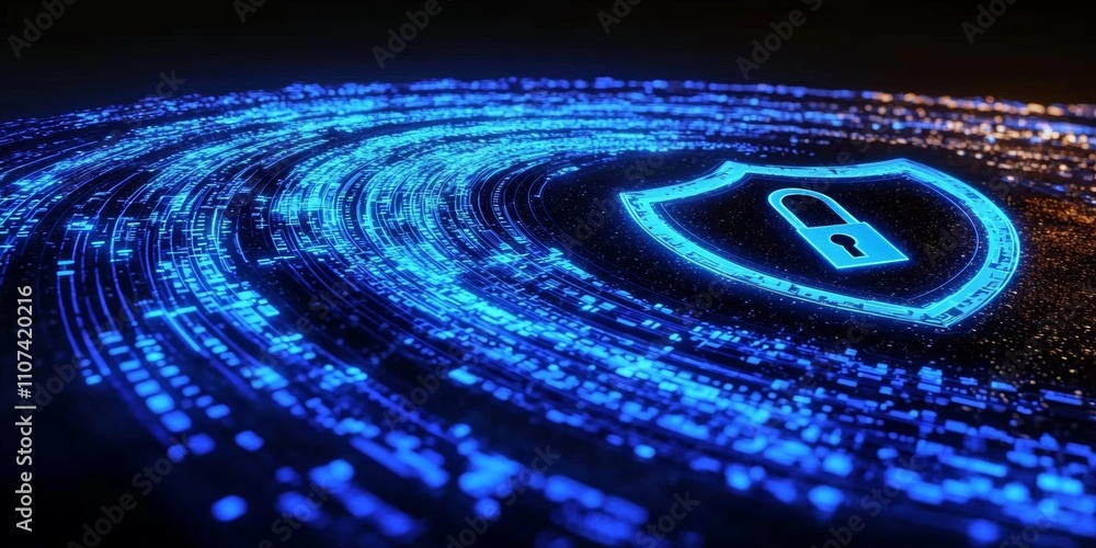 Poster safety protection and information privacy concept with digital padlock in shield on abstract dark ba