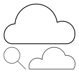 Fototapeta premium Large cloud shape with magnifying glass examining a smaller cloud elements. Ideal for technology, weather forecasting, data storage, cloud computing, analysis concepts, educational materials