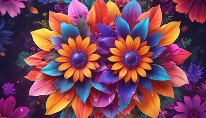 Fototapeta premium Psychedelic flower power design with bright colors, swirls, retro