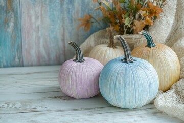 Decorative pastel pumpkins in a rustic setting with dried flowers and textured fabric creating a warm autumn atmosphere perfect for seasonal decor and festivities
