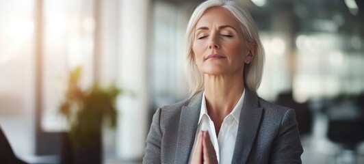 Fototapeta premium Mindful Meditation at Work: Elderly Mature Businesswoman Finding Inner Peace in Office