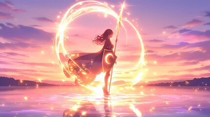 Mystical knight girl at vivid sunset, glowing sword and shield