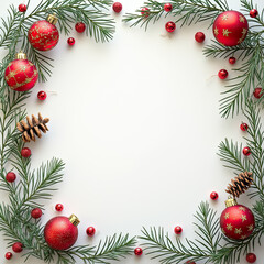 Frame mockup made of New Year decorations and fir branches. Christmas card - mockup template with Christmas decorations.