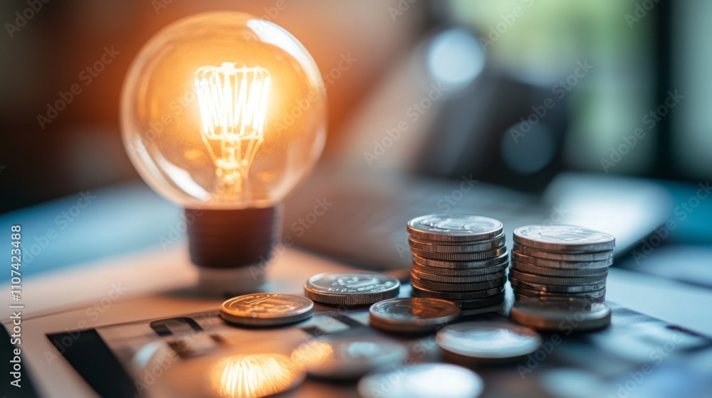 Poster a warm light bulb illuminates a stack of coins placed on financial documents, representing the inter