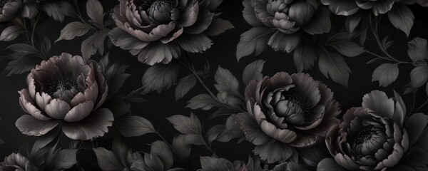 Chic black charcoal peony floral wallpaper with rich texture, 3D effect, three-dimensional, classic