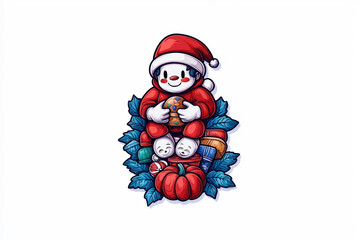 Obraz premium Colorful festive character in Santa attire surrounded by gifts and leaves, holding cookie, evokes joyful holiday spirit