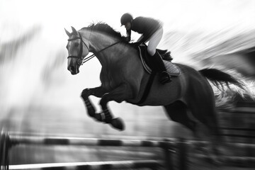 Race horse jumping fast camera angle view from bottom angle, black and white photo color