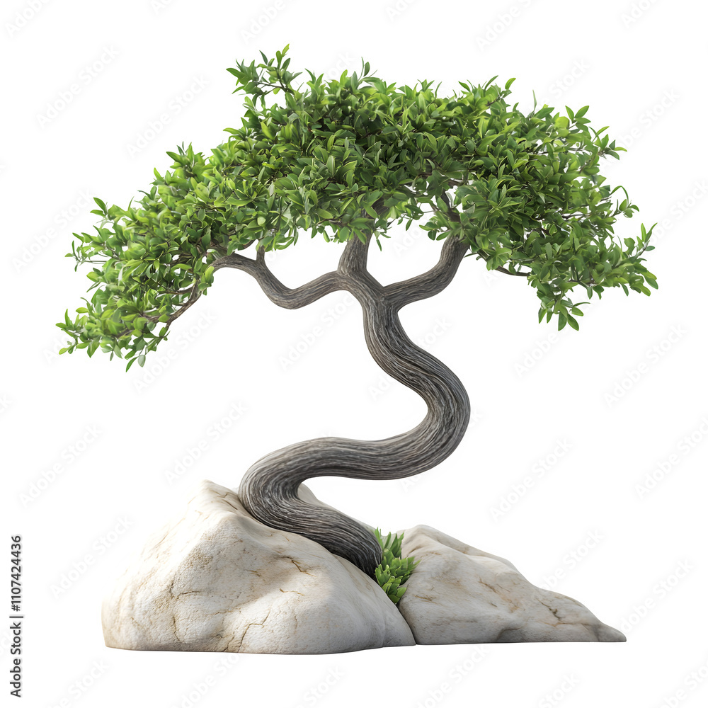 Poster Tranquil 3d rendering of a small bonsai tree growing gracefully on a rock against a clear background, capturing the serene essence of japanese culture and zen gardening