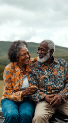 Fototapeta premium Couple enjoys a joyful moment together in a scenic landscape during cloudy weather