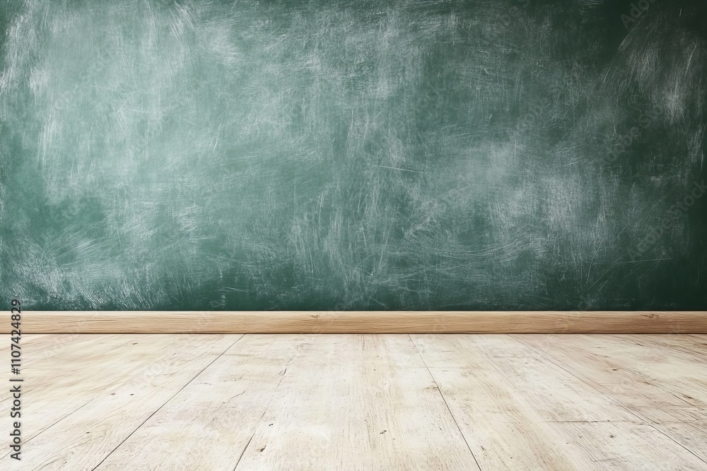 Poster empty classroom background with green chalkboard and wooden floor for educational or creative use in