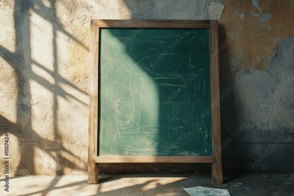 Poster empty chalkboard in a rustic setting with soft light shining through shadows creating a tranquil atm