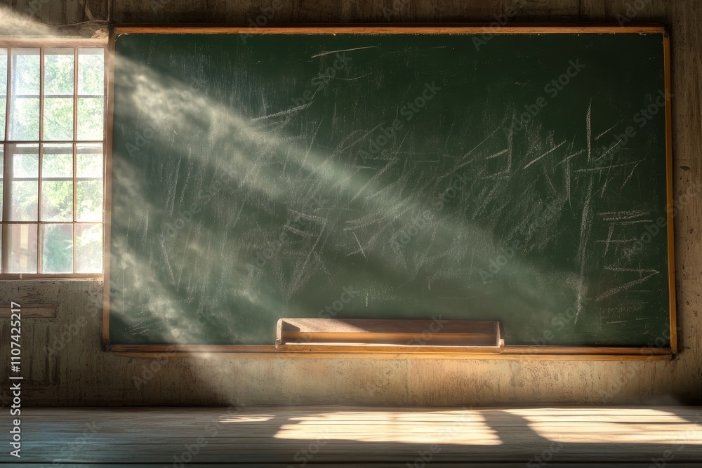 Poster empty classroom with a rustic chalkboard illuminated by soft natural light, evoking a sense of nosta