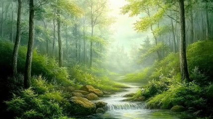 Obraz premium Serene Forest Landscape with Lush Greenery and Gentle Stream Flowing Through Sunlit Trees in a Tranquil Natural Setting Emphasizing Peace and Beauty