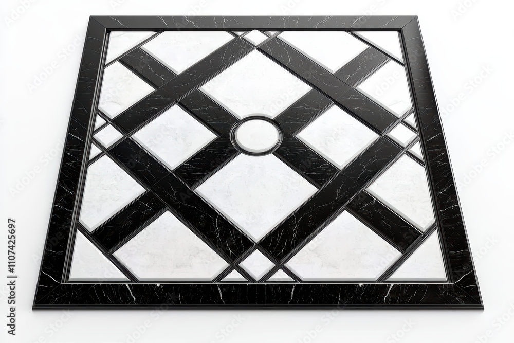 Poster detailed design of marble floor pattern featuring black and white tiles, geometric shapes, and centr