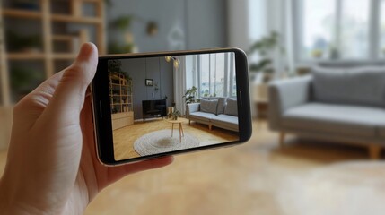 A person holds a smartphone displaying a virtual tour of a stylish living room. The space features natural light, cozy seating, and a contemporary rug.
