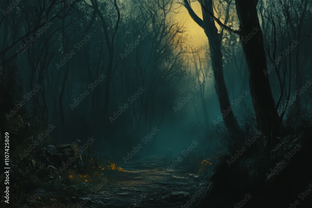 Poster enchanted forest path at dusk with whispering shadows and illuminating light breaking through the de