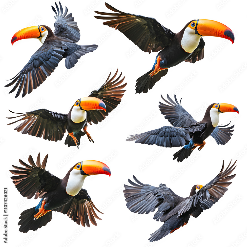 Poster elegant toco toucans gliding with outstretched wings in a pristine setting, displaying their vibrant
