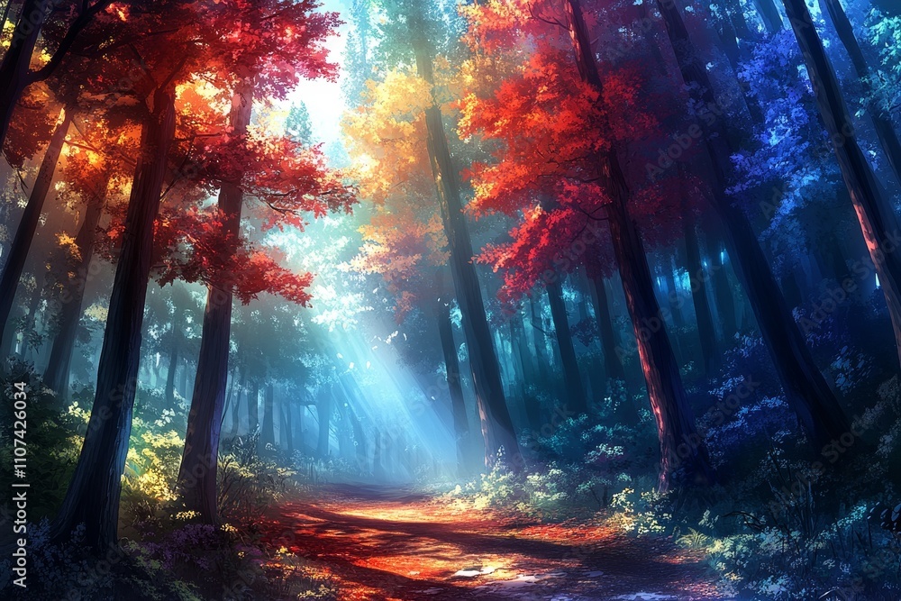 Poster enchanted forest pathway with vibrant autumn colors and ethereal light filtering through tall trees 