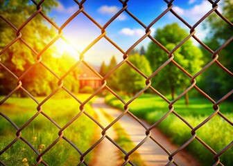 Behind the rustic chain-link fence, a serene landscape emerges, skillfully composed in the rule of thirds, bringing forth a harmonious blend of nature&rsquo;s tranquility.