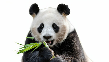 Obraz premium Cute panda eating bamboo on white background