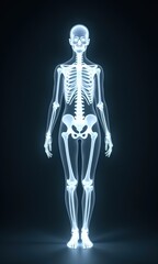 Skeleton is depicted in a blue and white color scheme, made in very detailed and realistic manner, with clearly visible bones. Concept of medicine, scientific precision and scrupulousness