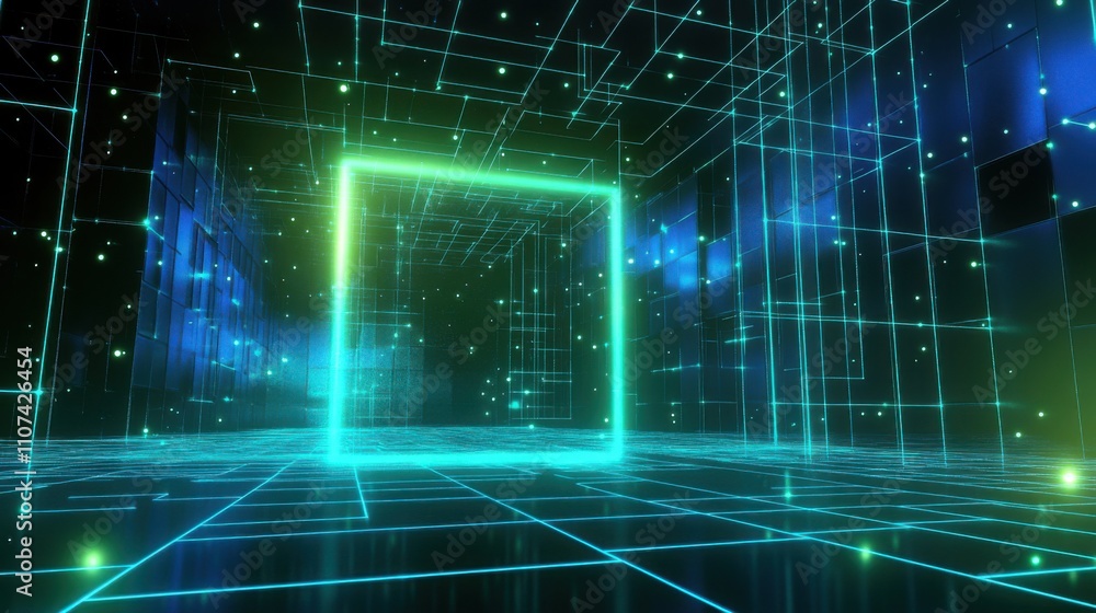 Poster futuristic digital landscape with glowing neon grid and illuminated cubic portal in a virtual space,