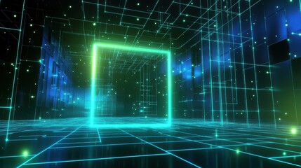 Futuristic digital landscape with glowing neon grid and illuminated cubic portal in a virtual space, representing technology and innovation concepts in a 3D environment.