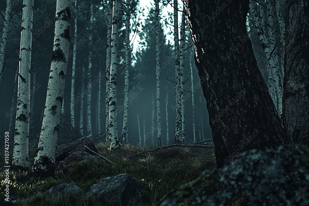 Poster enigmatic forest landscape with mist and tall birch trees surrounded by rocky terrain and lush green
