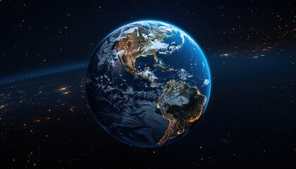 Fototapeta premium Night of Planet Earth globe from space view with city light of each countries on land and sunlight