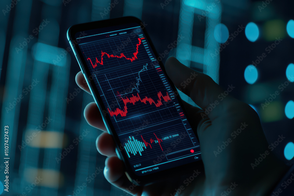 Poster hand holding smartphone displaying stock market analysis data with red and green graphs, showcasing 
