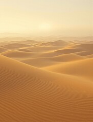 Golden sand dunes at sunrise with misty atmosphere and gentle ocean breeze, natural beauty, beach landscape, serene atmosphere, coastal scenery