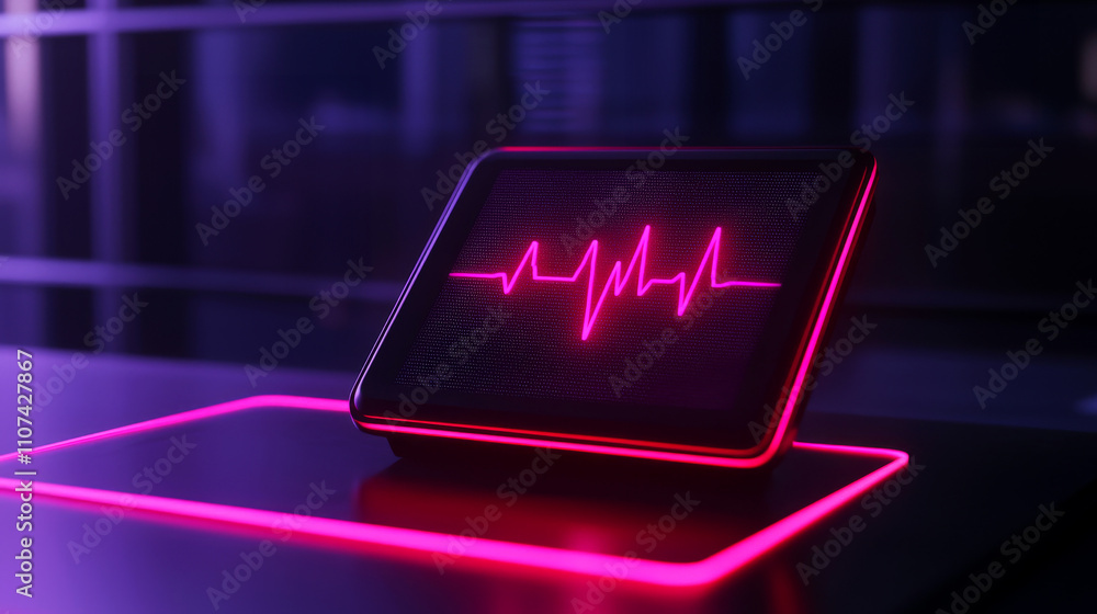 Poster health warning and monitoring concept. futuristic device displaying a heartbeat graphic in vibrant p