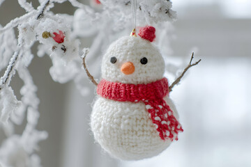 Obraz premium A cheerful knitted snowman hangs from a snowy branch, capturing winter\'s festive spirit