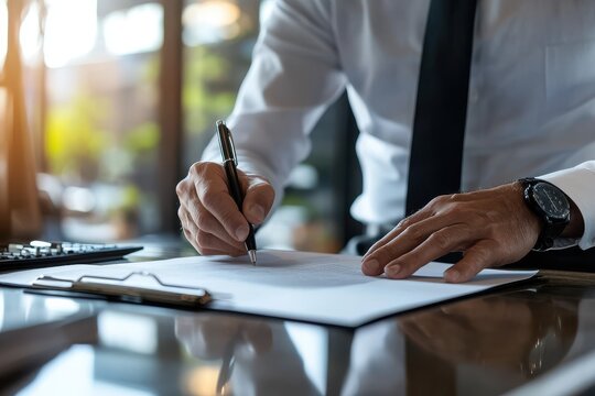A man is writing on a piece of paper with a pen at a table