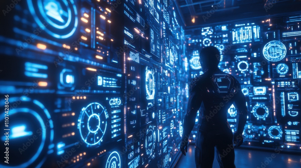 Aufkleber futuristic digital interface with a silhouette person interacting in a tech environment surrounded b